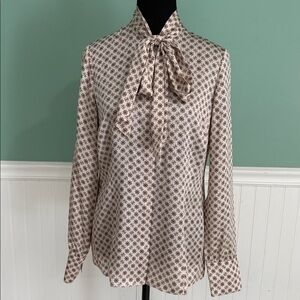 Brooks Brothers Cream Button-Down Tie-Neck Blouse with Brown Floral Print